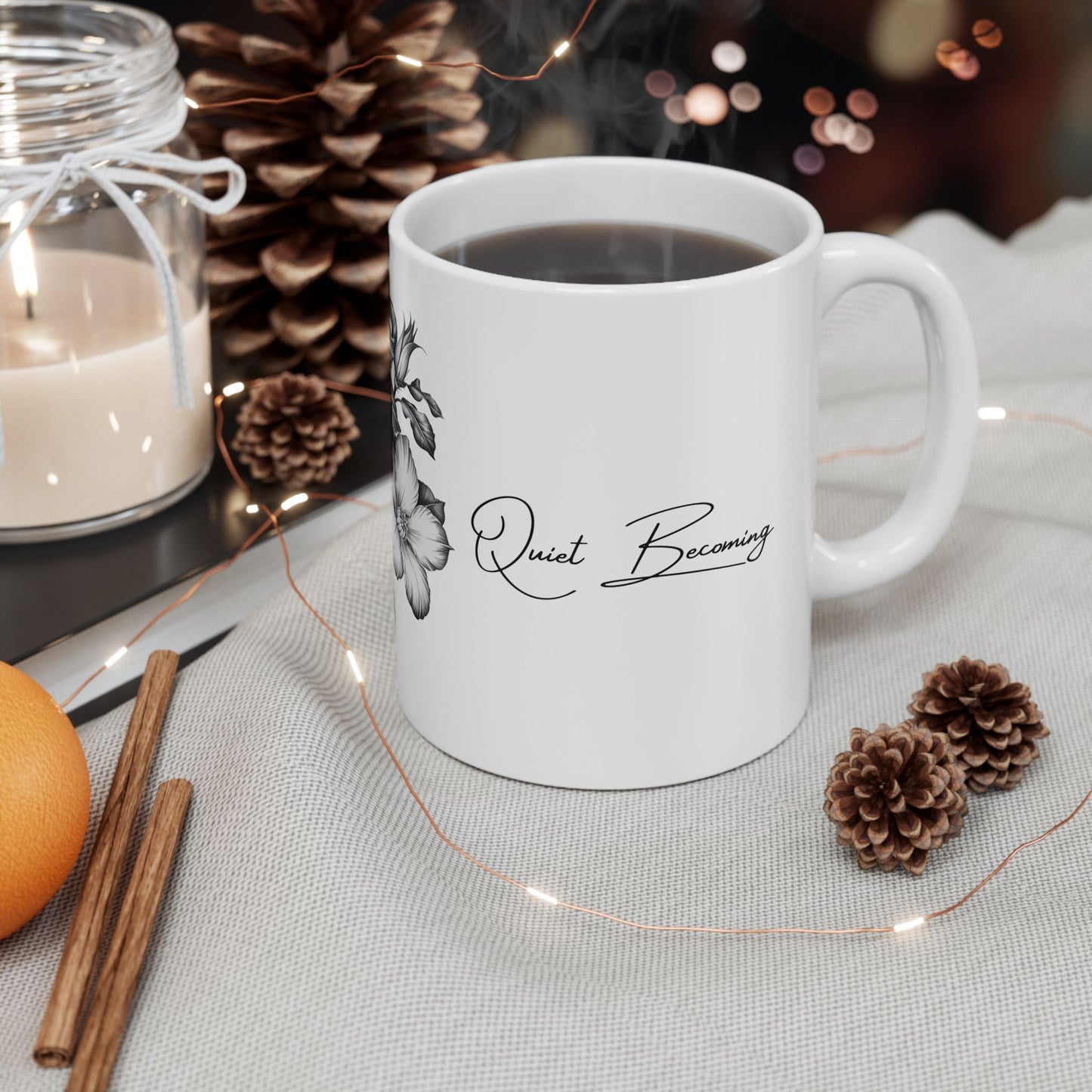 Quiet Becoming Mug – Soft Life & Gentle Growth Ceramic Cup-Elegant Black & White Hibiscus Coffee Cup (11oz, 15oz)