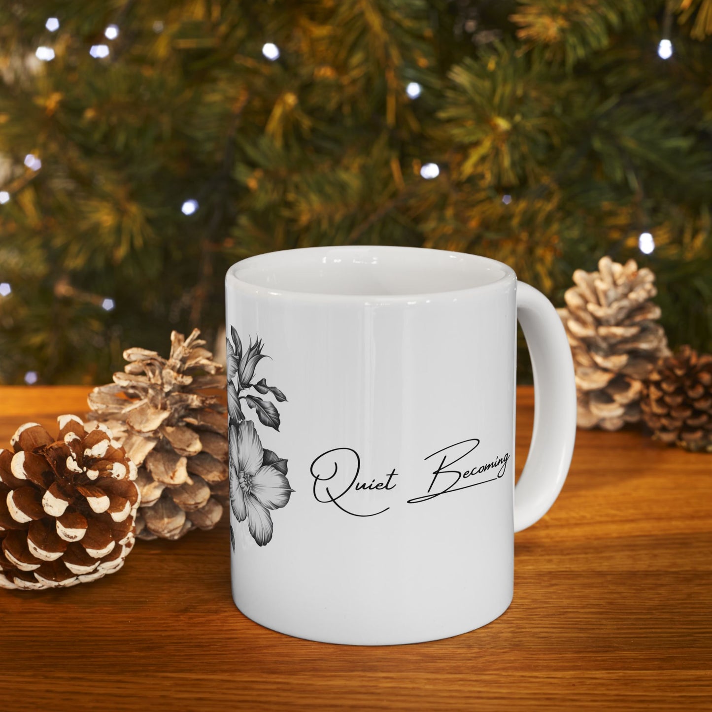 Quiet Becoming Mug – Soft Life & Gentle Growth Ceramic Cup-Elegant Black & White Hibiscus Coffee Cup (11oz, 15oz)
