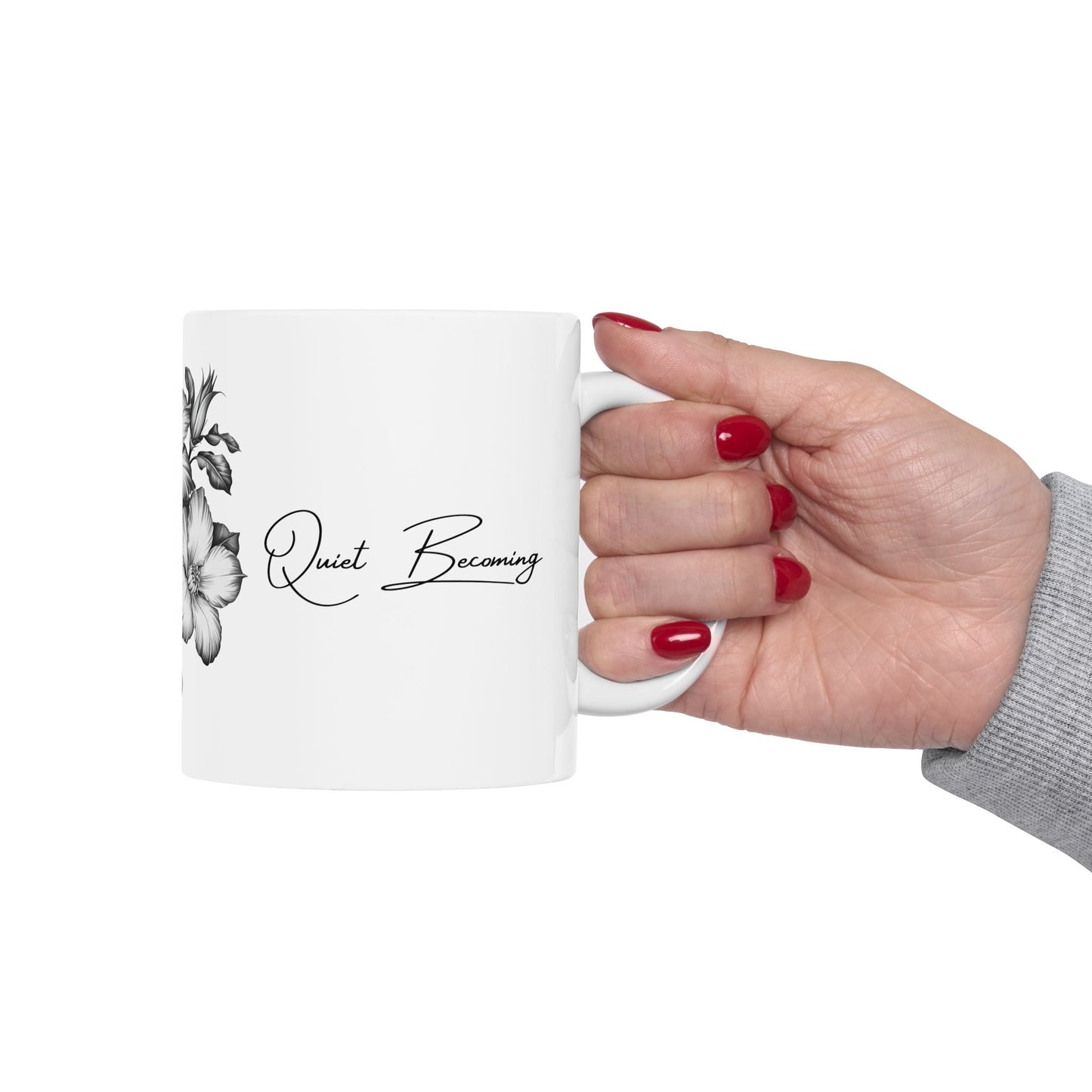 Quiet Becoming Mug – Soft Life & Gentle Growth Ceramic Cup-Elegant Black & White Hibiscus Coffee Cup (11oz, 15oz)