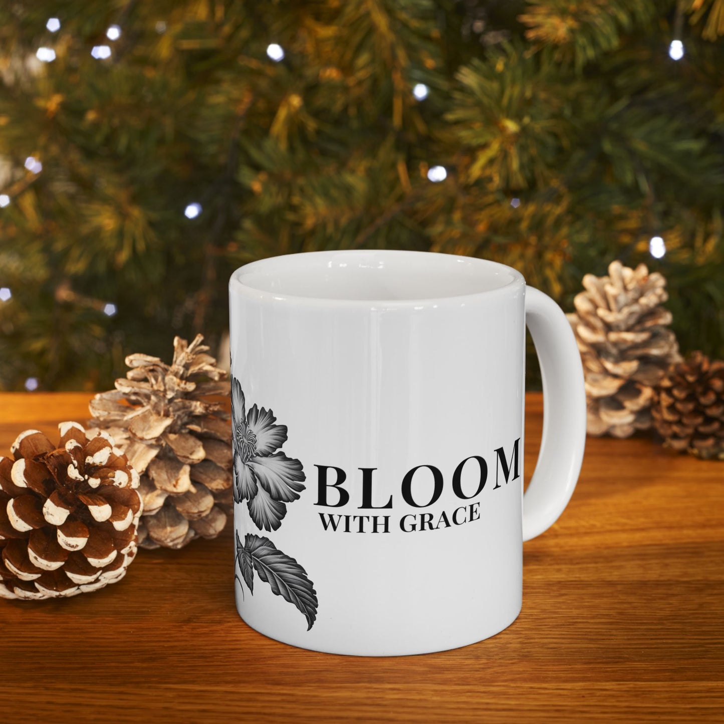 Floral 'Bloom With Grace Ceramic Mug — Vintage Black Botanical Coffee Cup (11oz, 15oz)