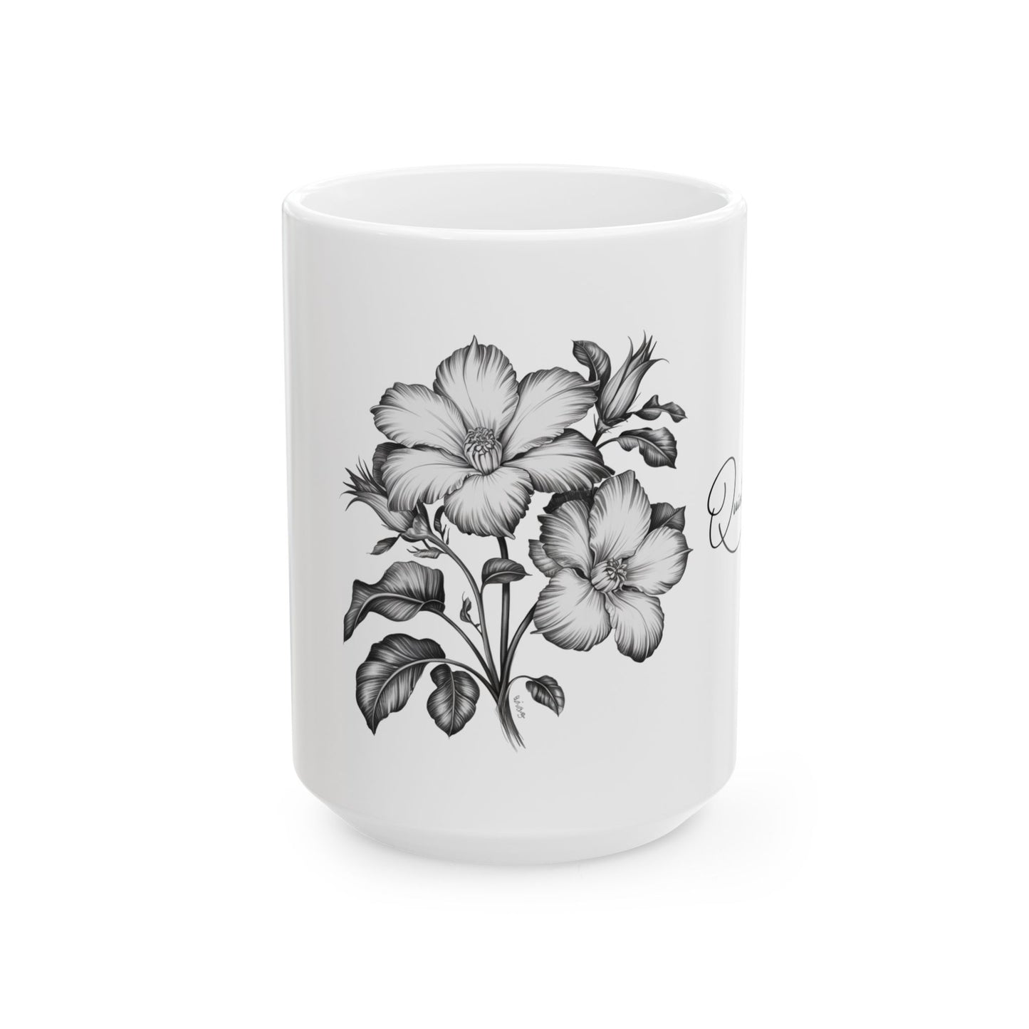 Quiet Becoming Mug – Soft Life & Gentle Growth Ceramic Cup-Elegant Black & White Hibiscus Coffee Cup (11oz, 15oz)