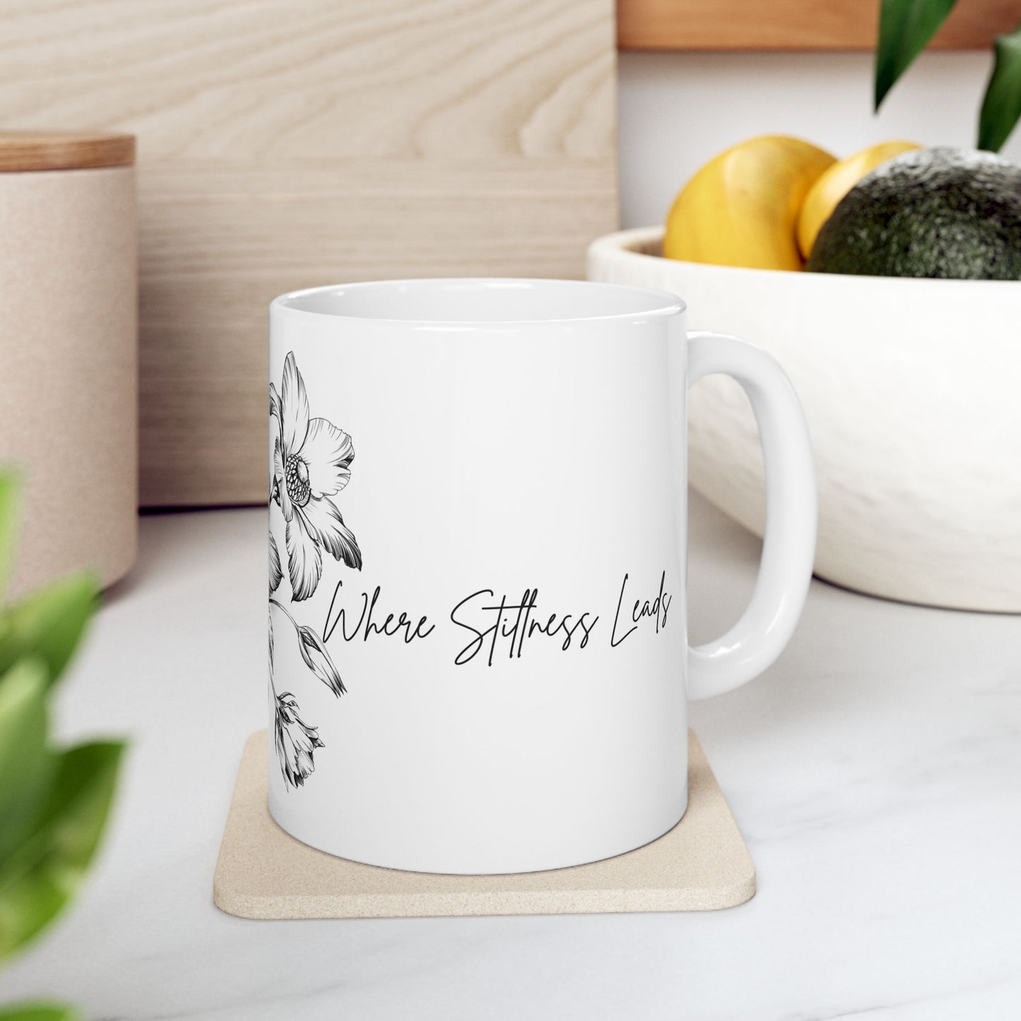 Where Stillness Leads Mug – Cozy Rest & Emotional Reset Cup- Hand-Drawn Black & White Flower Coffee Cup (11oz/15oz)