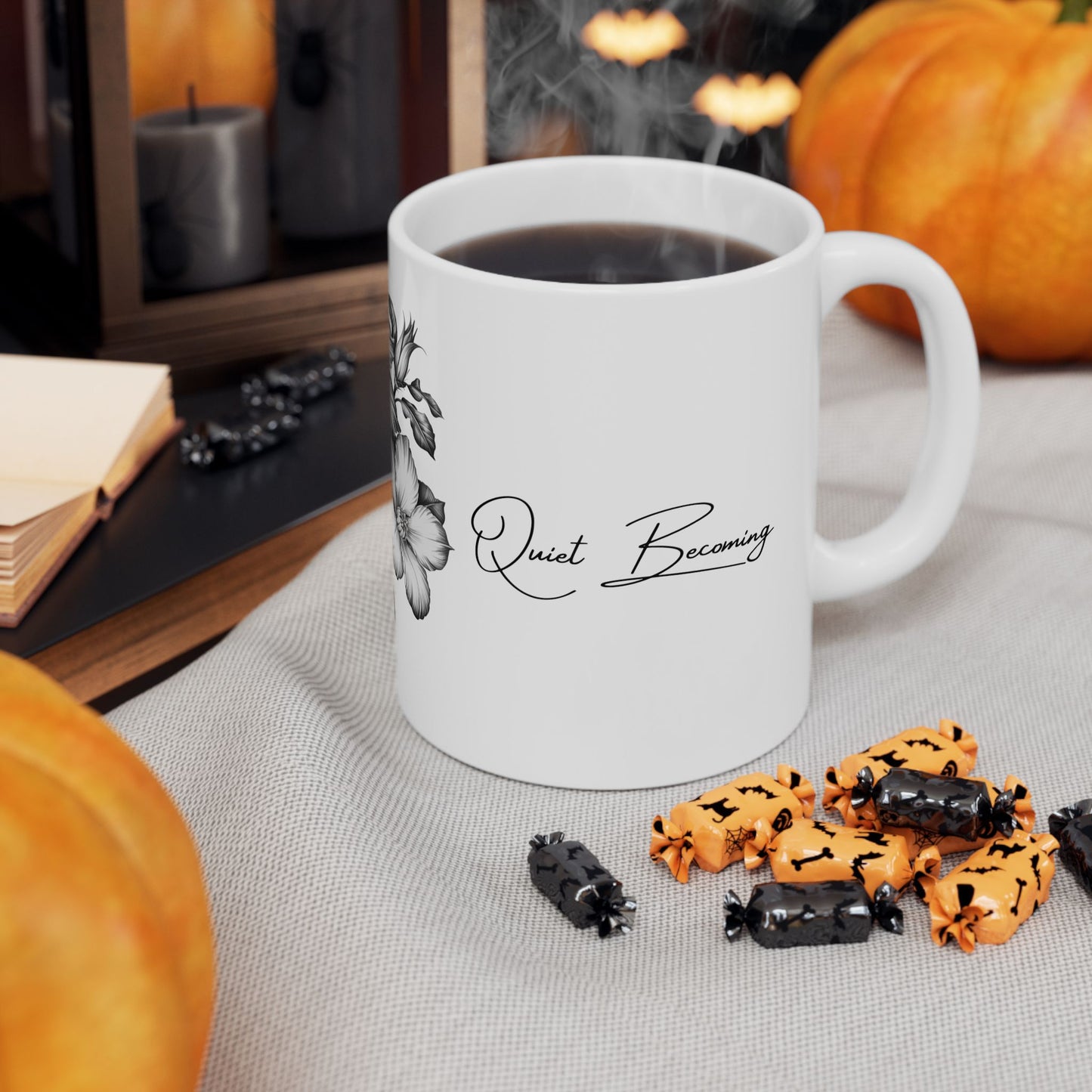 Quiet Becoming Mug – Soft Life & Gentle Growth Ceramic Cup-Elegant Black & White Hibiscus Coffee Cup (11oz, 15oz)